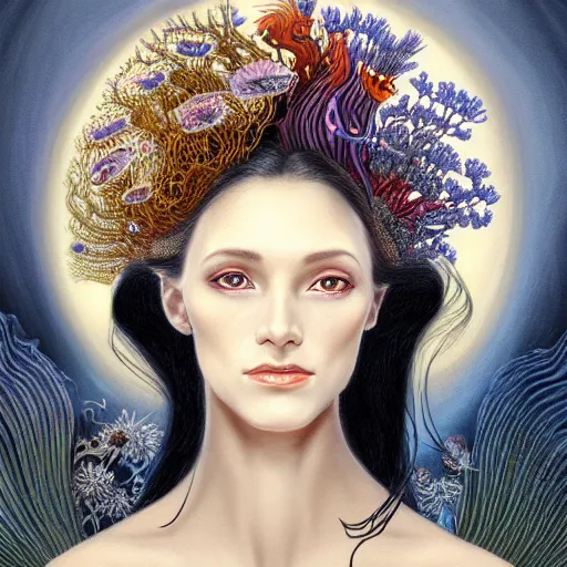 Image similar to facial portrait of a young pretty woman in flowing dress, arrogant, mysterious, long fine flowing hair, delicate, looking at camera, slightly awkward smile, realistic face, hands behind back, stylish, elegant, grimdark fantasy, flowers, extremely detailed painting inspired by Gerald Brom and Ernst Haeckel and Kaluta