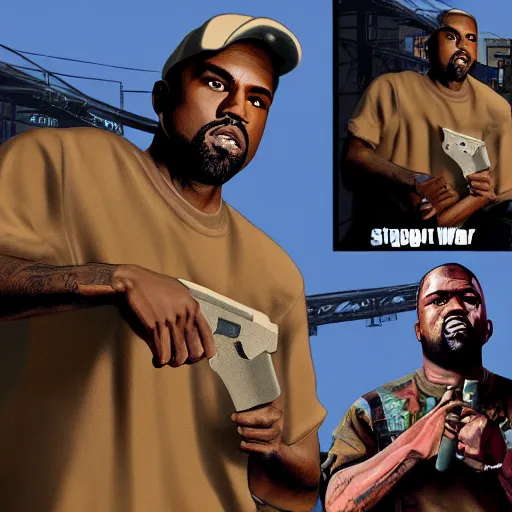 Prompt: Kanye West in GTA V, cover art by Stephen Bliss, artstation, no text