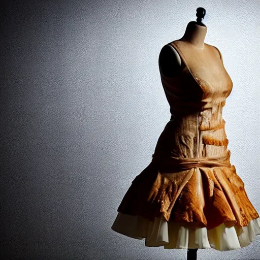 Image similar to a beautiful dress made out of apple pie, on a mannequin. high quality, high resolution, studio lighting