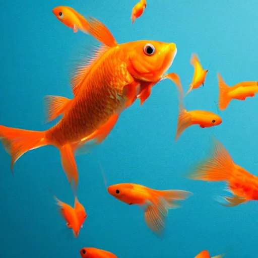 Image similar to stock photo of goldfish jumping out of the water bowl to freedom out blue background