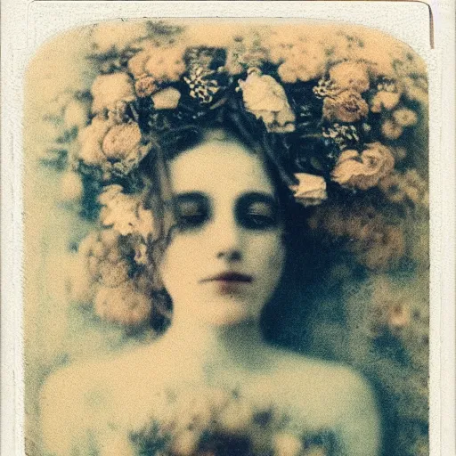 Image similar to portrait of a beautiful woman corpse covered in flowers, 1910 polaroid photography,