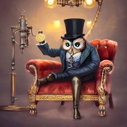 Image similar to oil painting of grumpy rich steampunk owl, sitting in fancy chair, wearing top hat, holding gold coin, steampunk factory background, machines in background, sharp focus, fantasy style, octane render, volumetric lighting, 8k high definition, by greg rutkowski, highly detailed, trending on art Station, magic the gathering artwork, centered, deviantart,