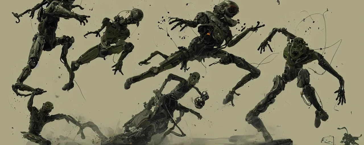 Image similar to duotone olive green grey illustration 3 / 4 portrait of gollum doing kunfu air kicks and fighting with boston dynamics robots. dynamic chaotic composition accidental renaissance golden ratio. by sachin teng and sergey kolesov and ruan jia and heng z. graffiti art, scifi, fantasy, hyper detailed. octane render. concept art. trending on artstation