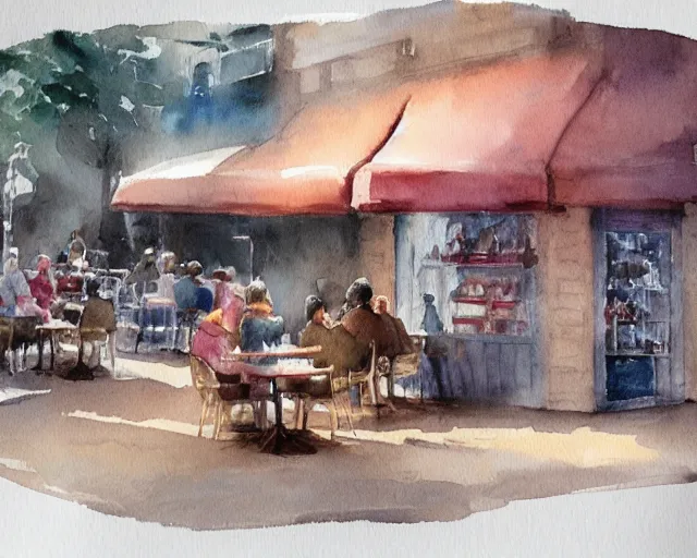 Prompt: a coffee shop watercolor illustration by brad mesina trending on artstation