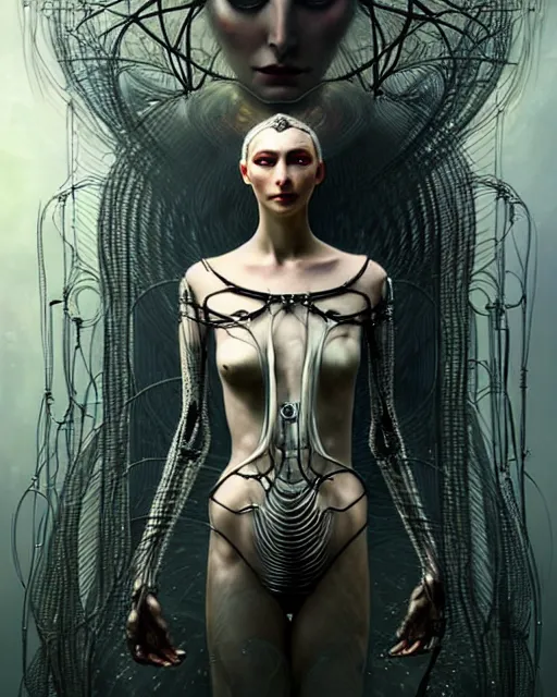 Image similar to karol bak and tom bagshaw and bastien lecouffe - deharme full body character portrait of galadriel as the borg queen, digitalcore rebirth, floating in a powerful zen state, supermodel, beautiful and ominous, wearing combination of mecha and bodysuit made of wires and silk, machinery enveloping nature in the background, scifi character render