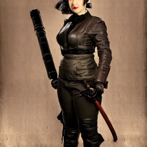 Image similar to full body photo of a female dieselpunk rogue with a katana