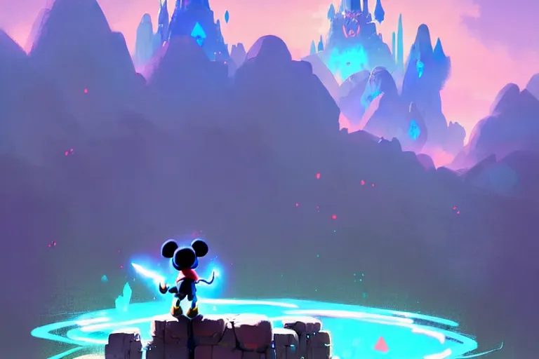 Image similar to concept art, adventurer mickey mouse standing in breath of the wild glowing crystal ore mines. anime styled. bright blue and cyan sky. hyper kawaii cute. by greg rutkowski, in the style of a grand adventure, extremely artistic