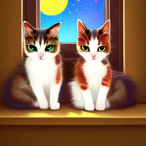 Image similar to two cute multi - colored calico cats with beautiful eyes sleeping inside a cozy home in the evening, stars shining in the night sky through the window,, artstation, cgsociety, storybook art