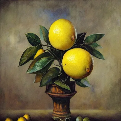 Prompt: an oil painting of a lemon tree by esao andrews. circa survive album cover art. dark. muted colors. gothic. oil painting with brush strokes. creepy.