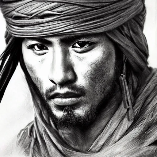 Image similar to Kurdish samurai, detailed charcoal sketch, realistic, incredibly detailed, award winning art, cinematic, extremely high detail, concept art