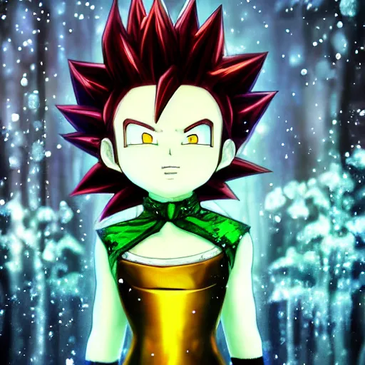 Image similar to portrait focus of Super Saiyan beautiful 3D anime gir!! posing, frozen ice !! dark forest background, snowing, bokeh, inspired by Masami Kurumada, digital painting, high contrast, unreal engine render, volumetric lighting, high détail