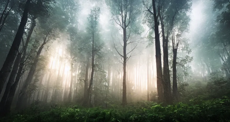 Prompt: a magical iradescent forest, thick fog, fireflies flying, big glowing trees, epic lighting, cinematic 4K