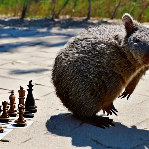 Image similar to wombat playing chess in pringle bay in style of goya