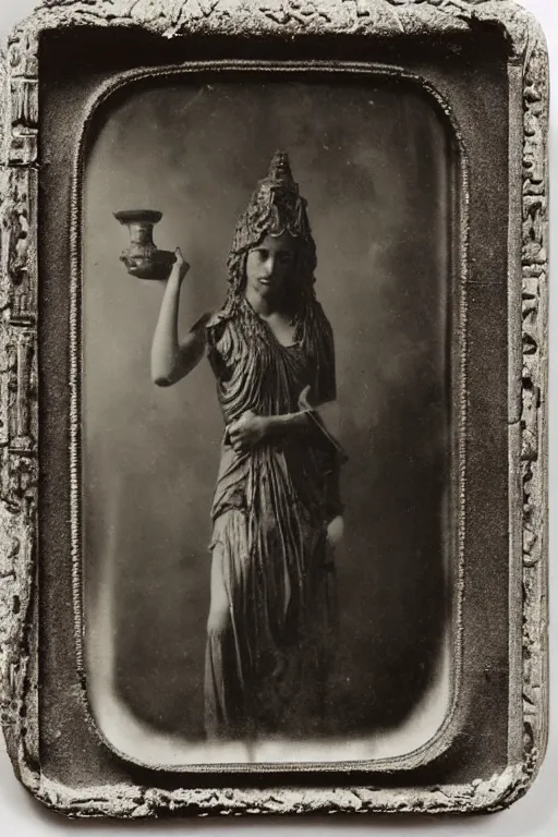 Prompt: a daguerreotype depicting an ancient martian stygian evil obsidian statue of thomasin mckenzie as the goddess persephone