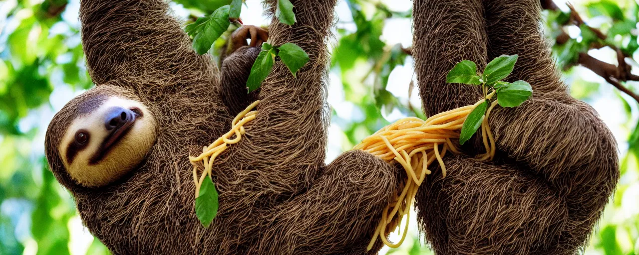 Prompt: a sloth eating spaghetti off a tree, in the style of wes anderson, canon 5 0 mm, kodachrome, retro