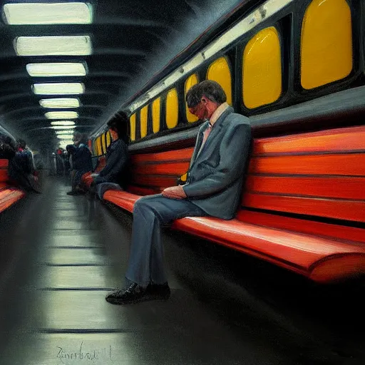 Image similar to a beautiful painting of a man sitting in a subway seat, rutkowski, realism, cinematic lighting