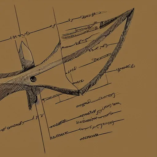 Image similar to technical drawing of a cursed bow made of human flesh, weapon design, delicate, detailed map, notes, scribbles, old paper