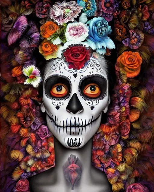 Image similar to dia de los muertos theme surrealist art in the styles of igor morski, jim warren, and a tim burton film, intricate, hyperrealistic, accurate facial details, profile picture with chromakey!!!!! background, volumetric lighting