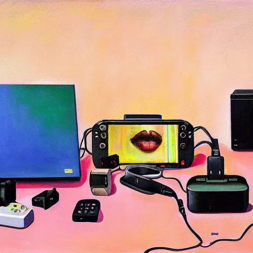 Prompt: a messy heap of electronic equipment including iPhones, vr headset, Nintendo Switch and PlayStation V, oil on canvas painted by Alberto Savinio, surrealism, bright pastel colors, photorealistic