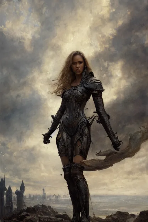 Image similar to dangerously agile jessica alba wearing black medieval armour, bare legs, detailed, by gaston bussiere, bayard wu, greg rutkowski, giger, maxim verehin, greg rutkowski, masterpiece, sharp focus, cinematic lightning