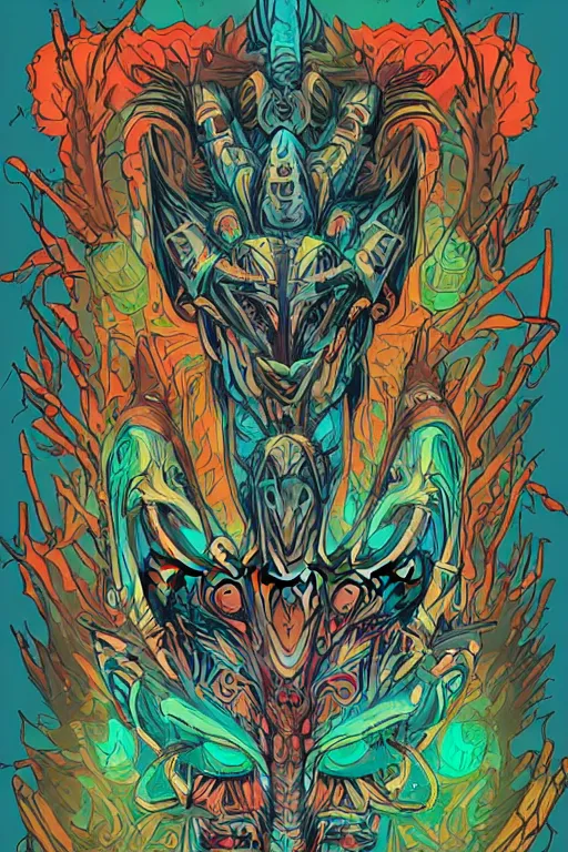 Image similar to totem animal mask tribal feather gemstone plant wood rock shaman vodoo video game vector illustration vivid color borderlands by josan gonzales and dan mumford radiating a glowing aura