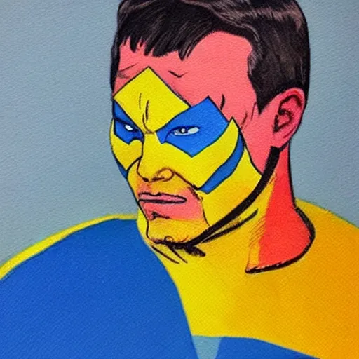 Image similar to the leader of ukraine dressed as a superhero fighting with putin coloured painting