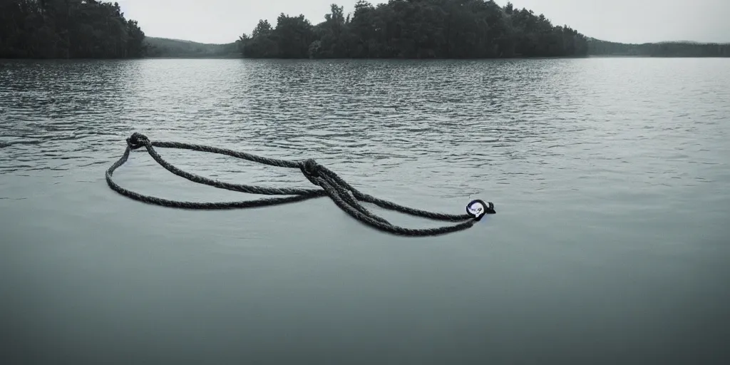 Image similar to symmetrical photograph of an infinitely long rope submerged on the surface of the water, with an uhnicorn, the rope is snaking from the foreground towards the center of the lake, a dark lake on a cloudy day