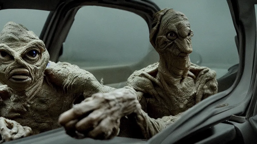 Image similar to the creature sits in a car, made of clay and oil, film still from the movie directed by Denis Villeneuve with art direction by David Cronenberg, wide lens