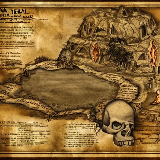 Prompt: old torn treasure map showing the treasure of skull island, pirates treasure map, high detail, high res, hyperrealistic,