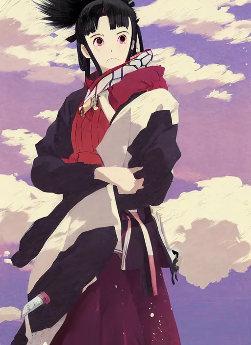 Image similar to portrait of Nezuko from Demon Slayer Anime by Koyoharu Gotouge, countryside, calm, fantasy character portrait, dynamic pose, above view, sunny day, thunder clouds in the sky, artwork by Jeremy Lipkin and Giuseppe Dangelico Pino and Michael Garmash and Rob Rey, very coherent asymmetrical artwork, sharp edges, perfect face, simple form, 100mm