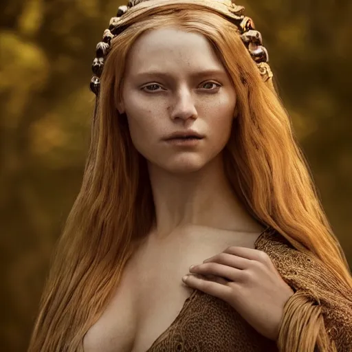 Image similar to portrait of a stunningly beautiful medieval norse maiden, depth of field, zeiss lens, detailed, symmetrical, centered, fashion photoshoot, by Annie Leibovitz and Steve McCurry, David Lazar, Jimmy Nelsson, Breathtaking, 8k resolution, extremely detailed, beautiful, establishing shot, artistic, hyperrealistic, beautiful face, octane render