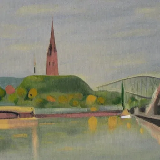 Image similar to very abstract painting of the rhine in basel, very rough brush strokes, the munster in the background, muted greyscale colors, great composition