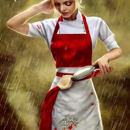 Image similar to elf woman standing in rain, short blonde hair, red and white chef's apron, sharp focus, intricate, smooth, ultra realistic digital art, elegant, by artgerm, greg rutkowski, raymond swanland, alphonse mucha