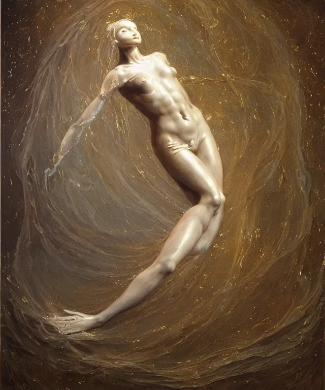 Image similar to Beautiful full-body wax sculpture of a glowing clothed transparent mermaid in a glowing dress with visible gold bones covered with melted white wax inside the singularity where stars becoming baroque folds of dark matter by Michelangelo da Caravaggio, Nicola Samori, William Blake, Alex Grey and Beksinski, dramatic volumetric lighting, highly detailed oil painting, 8k, masterpiece