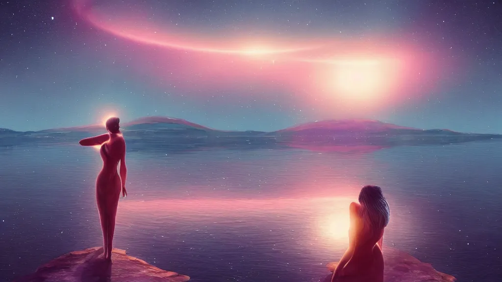 Prompt: a beautiful whimsical woman standing in a lake basking in the moonlight, underneath a multi-colored binary blackhole with an accretion disc, timelapse, by Lois van Baarle, by Greg Rutkowski, by artgerm, by beeple, by studio ghibli, cinematic angle, volumetric lighting, 4k resolution, octane render, trending on artstation, masterpiece