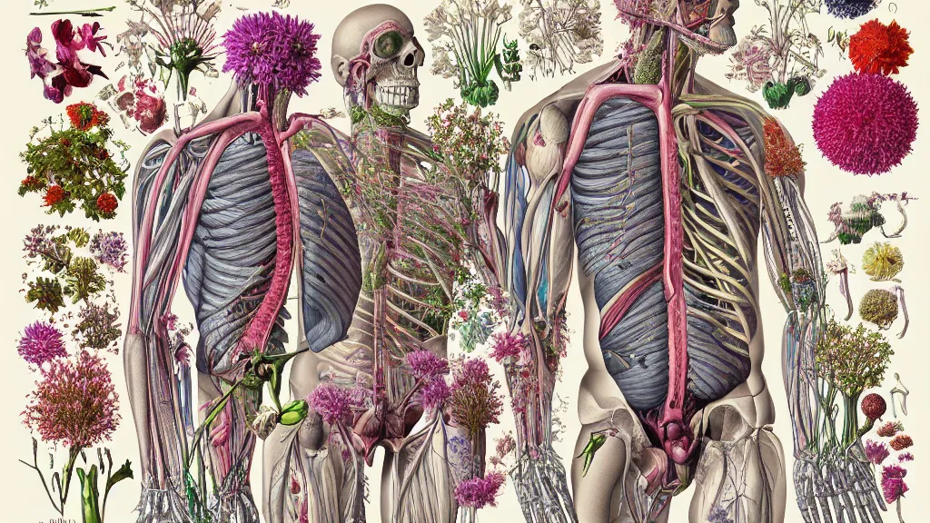 Image similar to highly detailed illustration of a human anatomy body exploded by all the known species of flowers by michael reedy