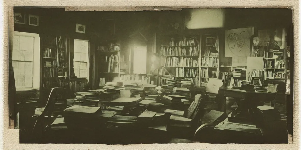 Image similar to 1880, inside a writer room, many books, piles of books, beautiful light, long shadows, 50 mm lens, polaroid photo, yellowed, crackles, scratches, dust, stains