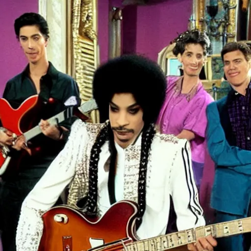 Prompt: Prince with his guitar in a Friends episode.