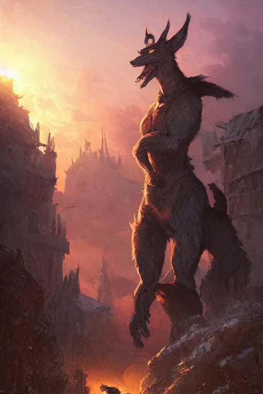 Image similar to a beautiful artwork illustration, Fenrir standing over a medieval village at sunset, destruction, by Greg Rutkowski and Jesper Ejsing and Raymond Swanland, featured on artstation, wide angle, vertical orientation