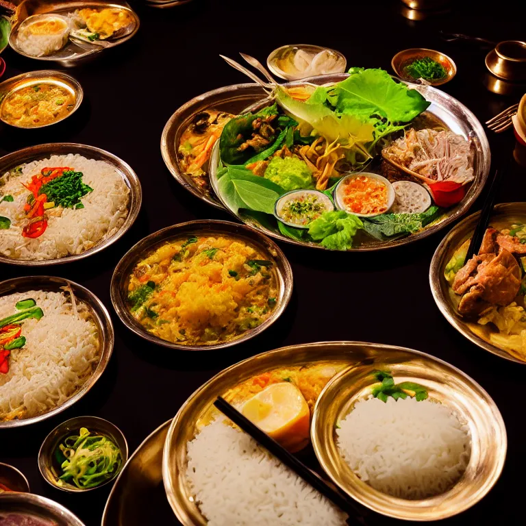 Prompt: close - up focused dslr photograph of a cambodia dinner, 8 k, high detail, volumetric lighting, hyperrealism, aesthetically pleasing, studio lighting, trending