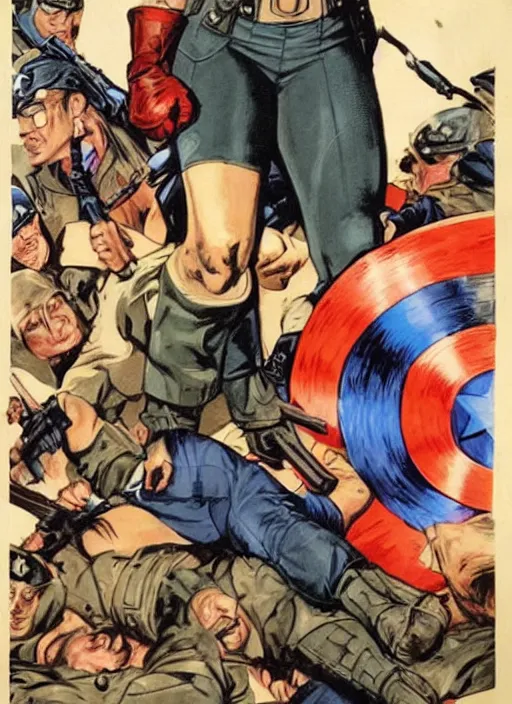 Image similar to beautiful female captain america standing on a pile of defeated, beaten and broken german soldiers. feminist captain america wins wwii. american wwii propaganda poster by james gurney and ralph bakshi. gorgeous face. overwatch.