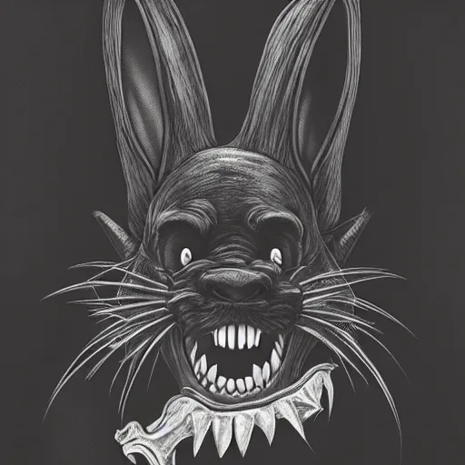 Image similar to A extremely highly detailed majestic hi-res beautiful, highly detailed head and shoulders portrait of a scary terrifying, horrifying, creepy crazy black cartoon rabbit with scary big eyes, earing a shirt laughing maniacally , let's be friends, in the style of Walt Disney