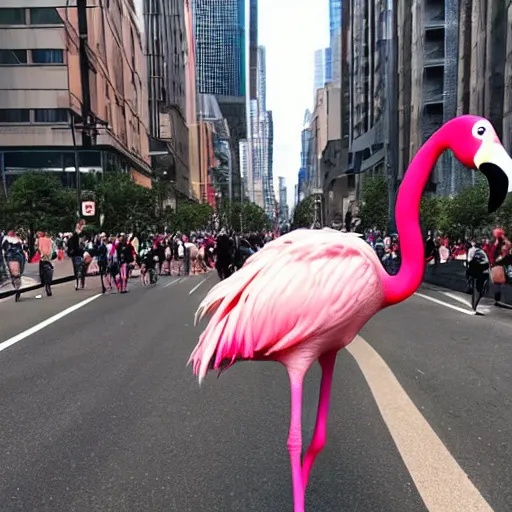 Prompt: photo of a giant flamingo attacking a city with crowd running away