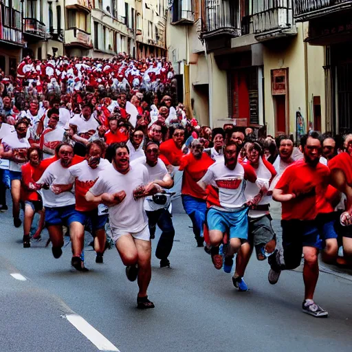 Prompt: the running of the bob rosses screaming in pamplona spain