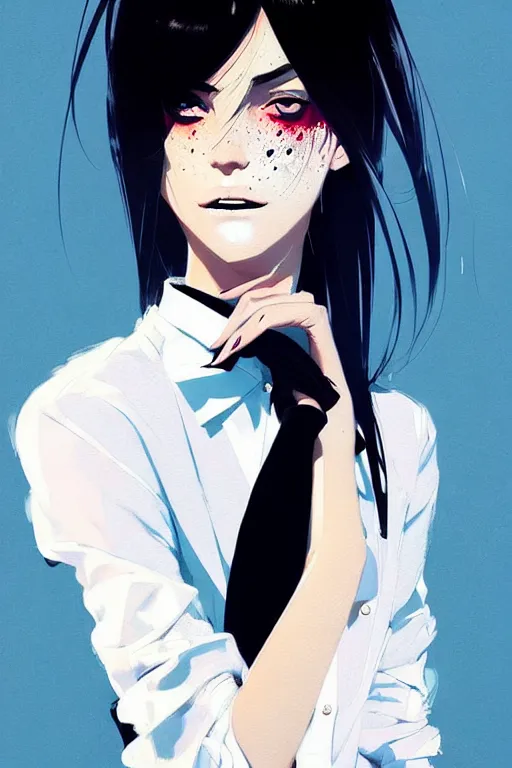 Image similar to a ultradetailed beautiful panting of a stylish woman, she is wearing a white shirt with a tie and black pants, by conrad roset, greg rutkowski and makoto shinkai trending on artstation