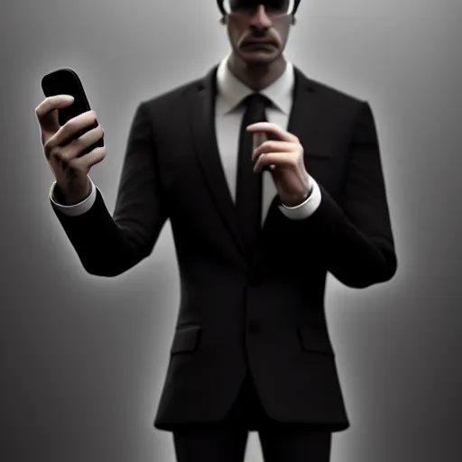 Prompt: a man in a black suit, holding a very advance phone, stylized, artstation, hd, cgsociety, cgi, realistic, dramatic, cinematic, artistic, trending, detailed