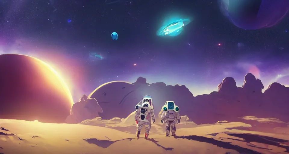 Image similar to astroneer chasing a distant spaceship Anime, wide angle, fine details, cinematic. galaxy starscape. realistic shaded lighting by Ilya Kuvshinov Giuseppe Dangelico Pino and Michael Garmash and Rob Rey greg rutkowski, octane render, IAMAG premiere, aaaa achievement collection, elegant freckles, cinematic hologram, fabulous, daily deviation, 4k, 8k, annual award winner