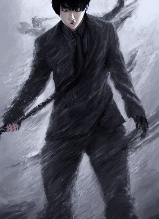 Image similar to a highly detailed illustration of attractive korean man with bowl cut black hair wearing shirt and tie with giant black mist claws, wielding giant black mist claws pose, tired expression, foggy black mist surrounding background, intricate, elegant, highly detailed, centered, digital painting, artstation, concept art, smooth, sharp focus, league of legends concept art, wlop.
