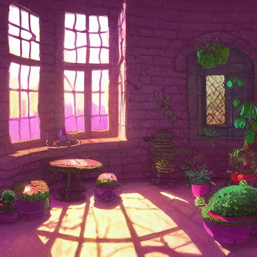 Image similar to concept art painting of a interior of a cozy alien fantasy cottage, circular windows, with black vines and magenta houseplants, realistic, detailed, cel shaded, dark, in the style of makoto shinkai and greg rutkowski and james gurney