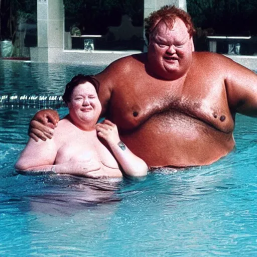 Prompt: photo of baron harkonnen swimming in a pool with the bene gesserit